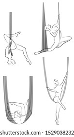 Collection. Fly yoga. Yoga on the hammock. Silhouette of a slender girl who goes in for sports, meditation. Good for your health. Vector illustration set.