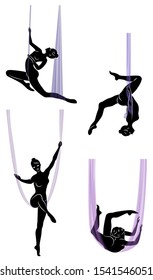 Collection. Fly yoga. Yoga on the hammock. Silhouette of a slender girl who goes in for sports, meditation. Good for your health. Vector illustration set.
