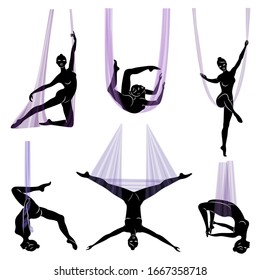  Colección. Yoga vuela. Yoga en la hamaca. Silhouette de una chica delgada que va a practicar deportes, meditación. Bien por tu salud. Conjunto de ilustraciones vectoriales.