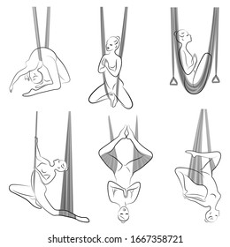Collection. Fly yoga. Yoga on the hammock. Silhouette of a slender girl who goes in for sports, meditation. Good for your health. Vector illustration set.