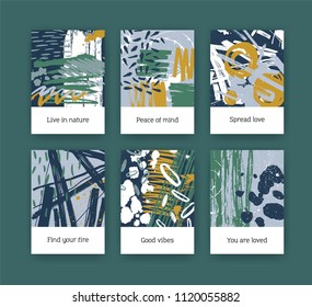 Collection of flyer or postcard templates with abstract hand drawn textures with colorful paint traces, brush strokes, smudges, stains, blots, scribble. Creative artistic vector illustration