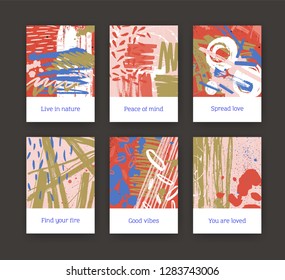 Collection of flyer or postcard templates with chaotic motley paint traces, stains, brush strokes, blots, scribble, smudges. Motley creative artistic vector illustration in contemporary art style.