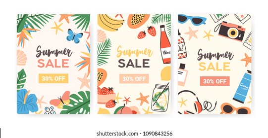 Collection of flyer templates for summer sale promotion or advertisement decorated with jungle foliage, exotic flowers, tropical fruits, sunglasses, seashells. Flat colorful vector illustration