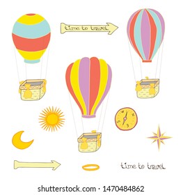 Collection of flying balloons with baskets hand-drawn. Includes compass, azimuth, directional arrow, sun, moon. In pastel colors for kids.