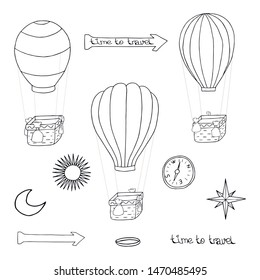 Collection of flying balloons with baskets hand-drawn for kids. Includes compass, azimuth, directional arrow, sun, moon. In white and black line colors.