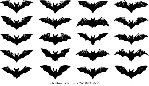 Collection of flying bat icons in a simple black silhouette style