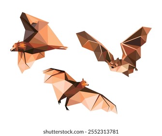 Coleção de Flying Bat Polygonal Low Poly Illustration. Set Abstract Triangular Vetor of Bat Animal. Conjunto de logotipos Polygon Flying Bat