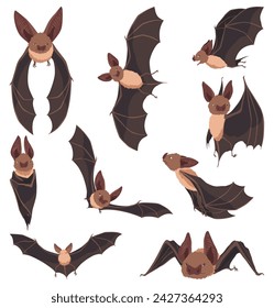 Collection of flying bats. Concept cartoon bat in different poses. Elements set. Vector clipart illustration isolated on white background