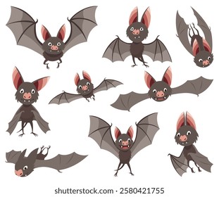 Collection of flying bats. Concept cartoon bat in different poses. Elements set. Vector clipart illustration isolated on white background