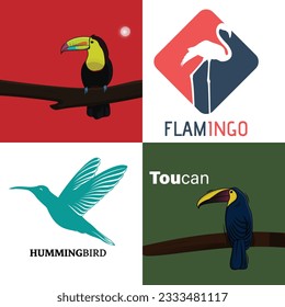 Collection of Flying Birds vector illustration. Humming Birds, Iconic Flamingo and Toucan bird Set logo design. Modern colorful flying birds logo. Abstract bird vector.