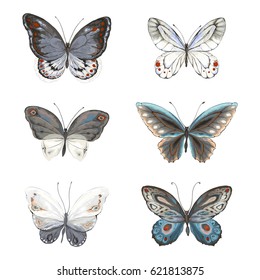 Collection of flying butterflies blue, gray, turquoise, black and white colors. Vector illustration in vintage watercolor style.