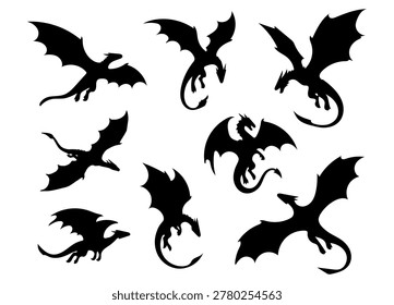 Collection of flying dragon silhouettes in dynamic poses.