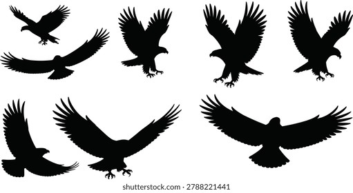 Collection of Flying Eagle Silhouettes Isolated on Gray Background Vector Style Bird Predator Wildlife Design Set.eps
