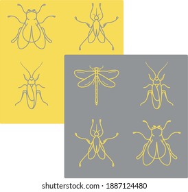 Collection of flying insect icons isolated on a contrasting background. Yellow and gray fly, dragonfly, beetle, mosquito vector outline icons set 