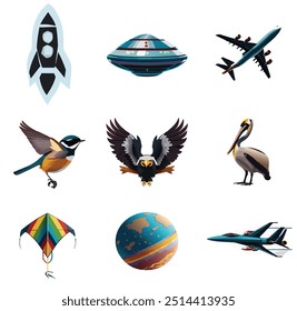 A collection of flying objects, bird, airplane, jet, planet, rocket in the form of vectors 