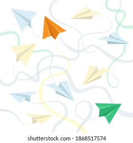 Colección de aviones de papel volador en diferentes colores. Al estilo de las caricaturas. Aislado sobre fondo blanco. Ilustración plana vectorial.