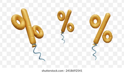 Collection with flying percentage air balloons in golden color in different positions