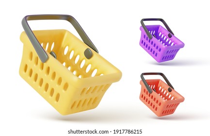 Collection of flying realistic shopping carts isolated on white background. Empty shopping basket. Vector illustration