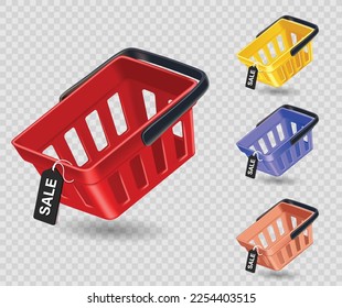 Colección de carros de compras voladores realistas aislados en fondo blanco. Cesta de compras vacía. Ilustración del vector	