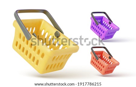 Collection of flying realistic shopping carts isolated on white background. Empty shopping basket. Vector illustration