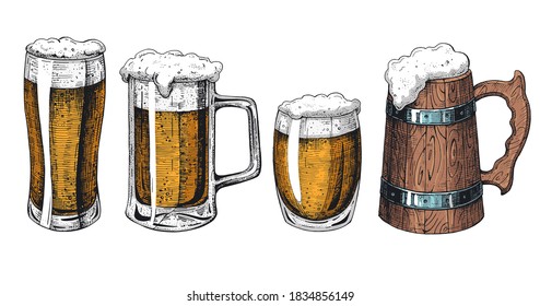 Collection of foam beer in glasses and mugs with a handle. Vector illustration of non-alcoholic beverages. Hand-drawn sketches. Engraving style. Beer set drawn in ink. Color picture