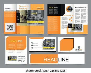 Collection of folded brochures, annual report, business card. For printing, A4 magazine cover, yellow templates with places for photos.