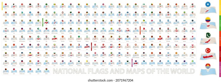 Collection of folded paper maps with a flag pin, sorted alphabetically. National flags and maps of the World. Vector set.