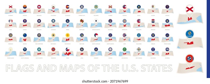 Collection of folded paper maps with a flag pin of US States, sorted alphabetically. Flags and maps of the U.S. States. Vector set.