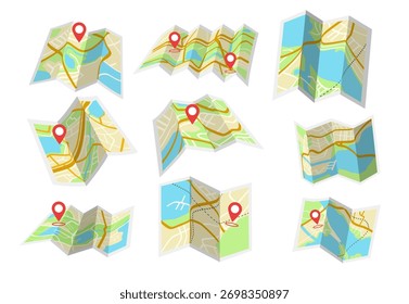Sammlung von gefalteten Straßenkarten mit roten Ortsmarken, flacher grafischer Stil, einzeln auf weißem Hintergrund. Konzept der Navigation und Reisen. Vektorgrafik