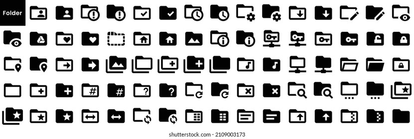 Collection of folder icons. Black flat icon set isolated on white Background