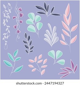 Collection of foliage in abstract style, hand drawn. Botanical elements of unusual colors. Flat vector illustration. Branches, vines and leaves.