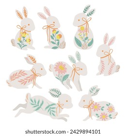 
Collection of folk art design elements.
Vector illustration with silhouette of Easter bunnies on a white background. Hand drawn folk flowers. Scandinavian traditional motif