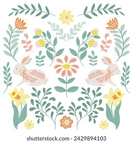 Collection of folk art design elements. Folk flora and fauna vector illustration isolated on white background. Hand drawn folk flowers. Scandinavian traditional motif