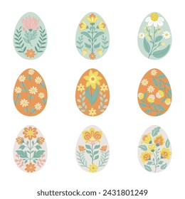 Collection of folk art design elements.
Vector illustration with silhouette of Easter eggs on a white background. Hand drawn folk flowers. Scandinavian traditional motif