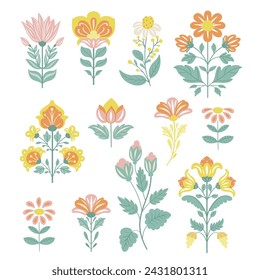 Collection of folk art design elements.
Vector illustration with flowers in folk style on a white background. Hand drawn folk flowers. Scandinavian traditional motif