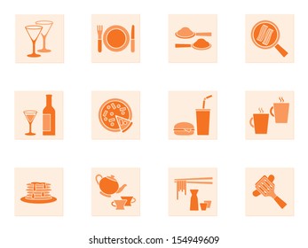 Collection of food and beverage icons depicting red wine, coffee, tea, soda, takeaway foods, pizza, hamburger and bacon in a frying pan in square format