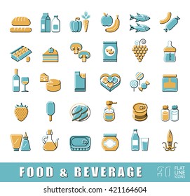 Collection of food and beverage icons. Set of flat line foodstuffs. Vector illustration.