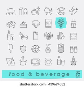 Collection of food and beverage icons. Set of line food stuffs. Vector illustration.
