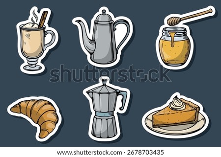 A collection of food and beverage items including a cup of coffee, a silver teapot, a jar of honey, a croissant, a moka pot, and a slice of cheesecake on a plate.