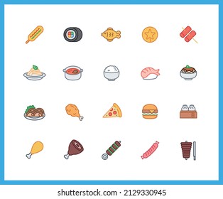 Collection of Food color icons. Set of meat, meal, snack symbols drawn with thin contour lines. Vector illustration.