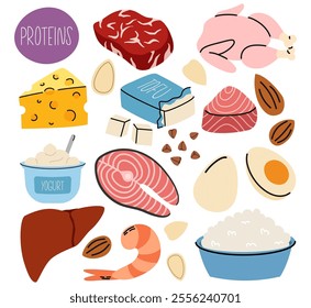 Collection of food containing proteins. Protein food sources.  Meat, tofu, nuts, buckwheat, eggs. Organic nutrition
