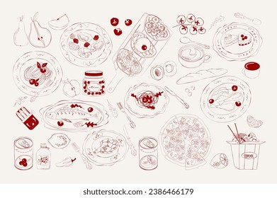 Collection of food, delicacies and dishes. A set meal for dinner. Pasta, seafood, pizza, cake. Editable vector illustration.