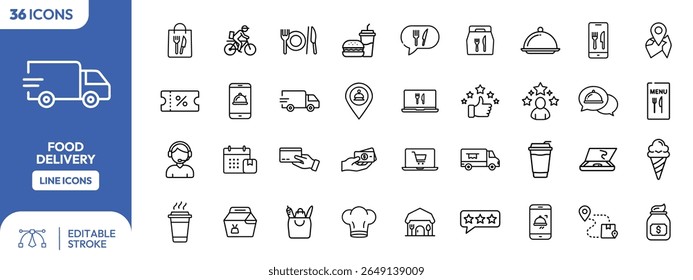Collection of food delivery icons, including delivery truck, cyclist, food order, payment, rating, and various food items.