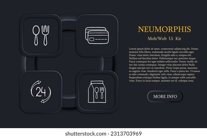 Collection of food delivery icons representing the convenient and fast delivery of meals and food items. Neomorphism style. Vector line icon