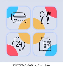 Collection of food delivery icons representing the convenient and fast delivery of meals and food items. Pastel color background. Vector line icon