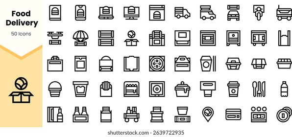 A collection of food delivery icons, showcasing various elements like boxes, vehicles, utensils, and dishes, all in a minimalist black design.