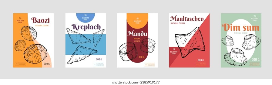 Collection food design for branding package, cover, poster. Set background template with various dumplings in retro hand drawn style. Vector illustration.