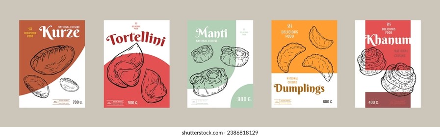 Collection food design for branding package, cover, poster. Set background template with various dumplings in retro hand drawn style. Vector illustration.