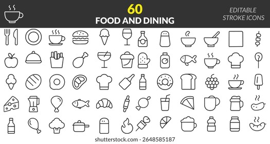 Collection of Food and Dining Icons with Editable Stroke Design for Restaurant Menus