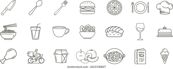Collection of food and dining related outline icons arranged in a grid pattern on white background
